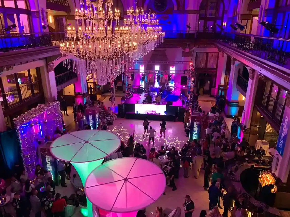 Event production stage being set up with lighting
